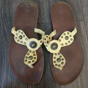 Boutique yellow suede leather studded flip flop sandals